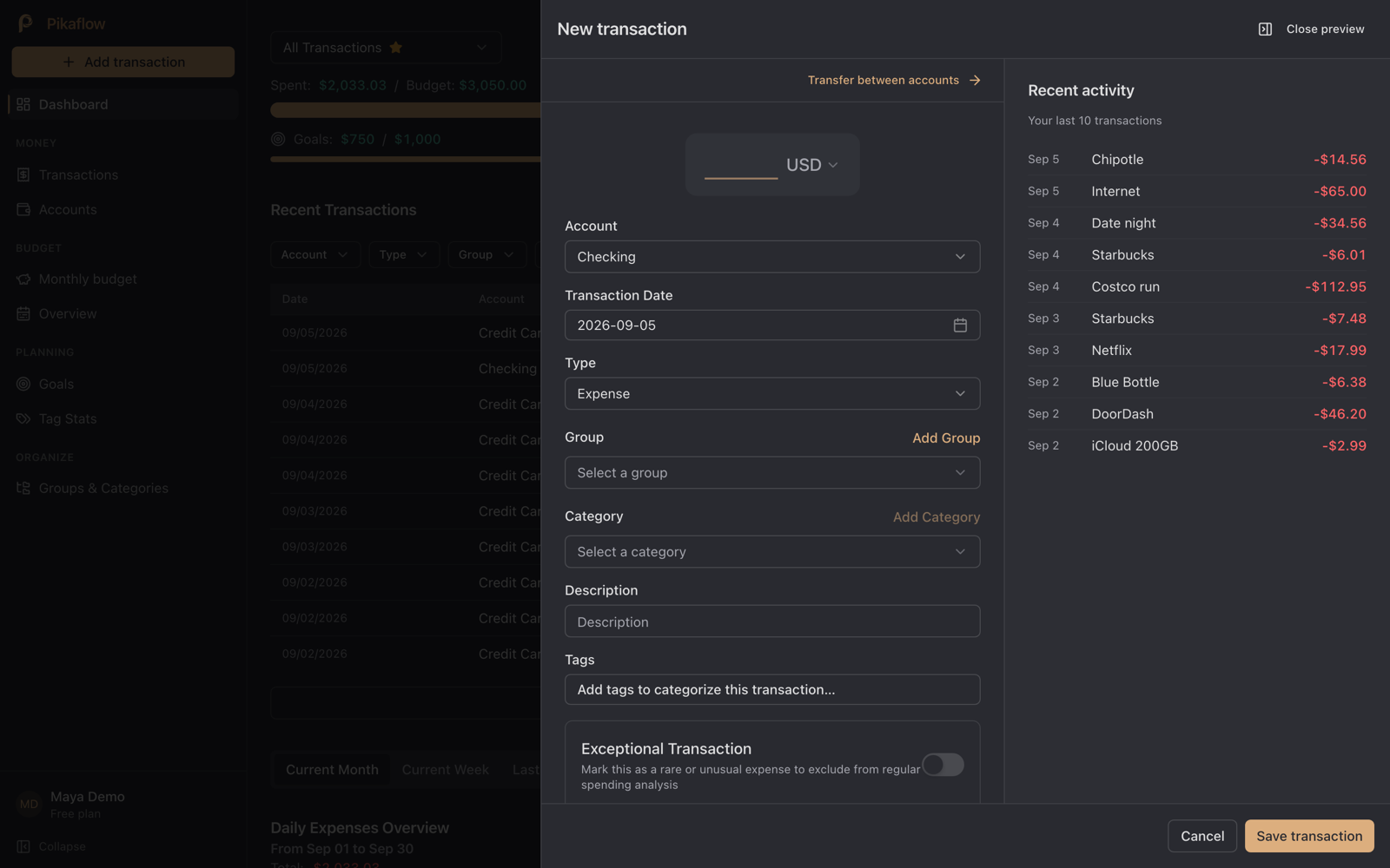 Pikaflow new transaction form with amount, account, date, type, group, category and tags fields, plus a recent activity list
